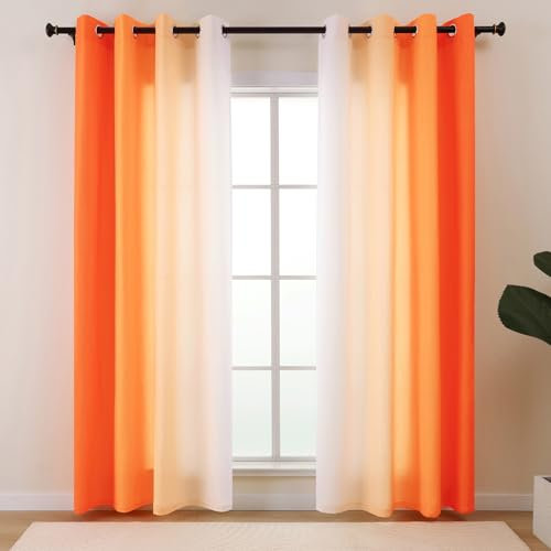 L.Z.E Vorhänge Wohnzimmer Sichtschutz Lichtdurchlässig Gardine Orange Weiß für Wohnzimmer Schlafzimmer Farbverlauf Vorhang Privatsphäre Gardinen Schals mit Ösen 2er Set 245 cm Lang Dünn