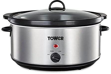 Tower T16040Y Slow Cooker with 3 Heat Settings and Removable Dishwasher Safe Crock Pot, 6.5 Litre, 300W, Stainless Steel