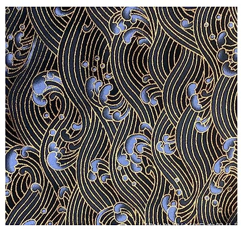 BrightGlow 100x150 cm Japanischer Stil Baumwollstoff Meterware Bunt Gedruckt Nähstoffe mit Blume Fächer Fliegender Kranich Tücher Baumwolltuch Kleiderstoff Quiltstoffe zum Nähen Schwarz-Wellen