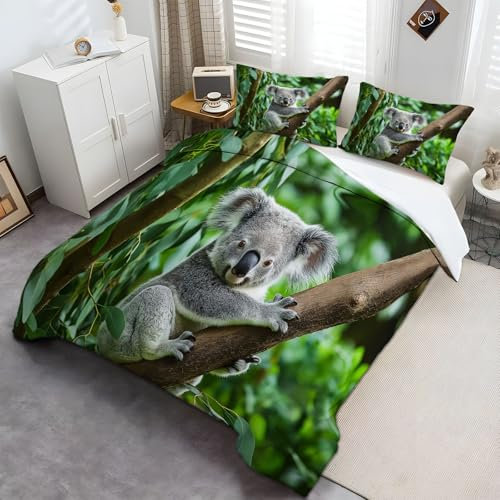 Tierischer Koala Drucken Bettwäsche 3-teiliges Set GrüN Grau, 155 × 220 cm Mikrofaser Bettbezug moderner Druckweich und kuschelig Mikrofaser Bettbezug 1 Stück und 2 Kissenbezug