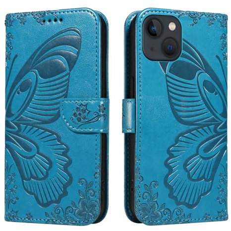 NEXCURIO Custodia a portafoglio per Apple iPhone 13 Custodia per telefono farfalla con porta carte di credito borsa stand in pelle Folio Book Flip Case Cover pieghevole antiurto da donna - Blu