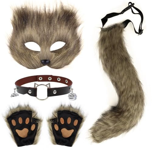 Xerteam Kunstpelz Fuchs Kostüm, Fuchs Cosplay Kostüm Set Plüsch Fuchsschwanz Fuchs Maske Glocken Halskette Fuchshandschuhe, Geeignet für Halloween Karnevals Cosplay Partys