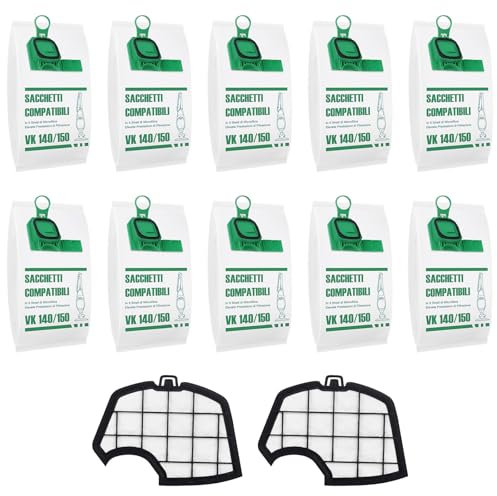 10 Sacchetti per Aspirapolvere Vorwerk Folletto VK140 VK150 FP150 FP140 con 2 Filtri per Aspirapolvere Folletto