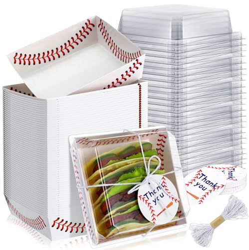 Tioncy 50 Sets Baseball Party Supplies Set Baseball Charcuterie Boxes with Ropes and Cards and Clear Lids Disposable Paper Food Serving Tray Boats Tray for Party, Condiment, Carnivals