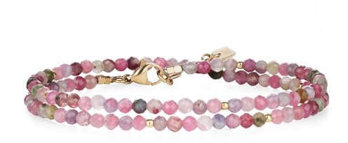 COAI Bunter Turmalin Doppelarmband aus 3 mm bunter Turmalin mit goldenen Edelstahlperlen für Damen Frauen