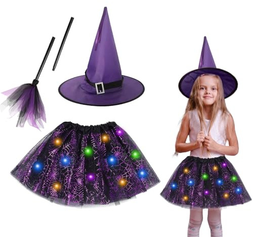 KEELYY Hexenkostüm Kinder, Halloween Hexe Kostüm Mädchen mit Lichter, 3-teiliges LED Tutu Tüllrock mit Hexen Hut und Besen, Hexen Rock für Halloween Fasching Karneval Party