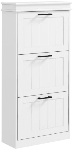 HOMCOM 3 Flip Drawers Narrow Shoe Cabinet, Adjustable Shelves, White | Holds 15 Pairs, Narrow Shoe Storage Cabinet