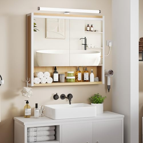 ELUCHANG Miroir Salle de Bain avec Eclairage,Armoire Salle de Bain Étagère Réglable,60x15x60cm,Support pour Sèche-Cheveux,Crochets,Meuble Salle de Bain, Lavabo,Chêne Clair+Blanc