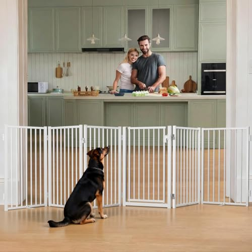 COMOMY Metall Hundegitter Freistehend mit Tür, 305cm Extra Breit Absperrgitter Hund Wohnung, 81cm Hoch Welpengitter Faltbar für Treppe Tür Flur, 6 Paneele Schutzgitter Innen & Außen, Weiß