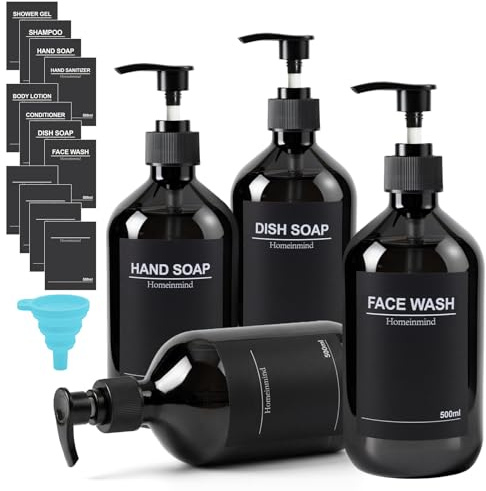 4er Seifenspender Schwarz, 500ml Shampoo Flaschen zum Befüllen Duschgelspender,Spülmittelspender Küche,Badezimmer Seifenspender Set Shampoo Spender für Dusche mit Trichter und Wasserdichten Etiketten
