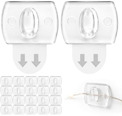 60 Pcs Mini Light Clips with 72 Adhesive Strips, Removable Clear Christmas Light Clips for Indoor Fairy Lights Cables, Self Adhesive Hooks for Festival Decor, No Tools