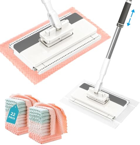 Lazy Snap Grip Flat Mop, Hands Free One Click 22x Washable Microfibre Pads | One-Click Snap Grip Fits Any Cloth, 360° Swivel Long Handle, Wet & Dry Multi Surface Floor Wall Cleaning