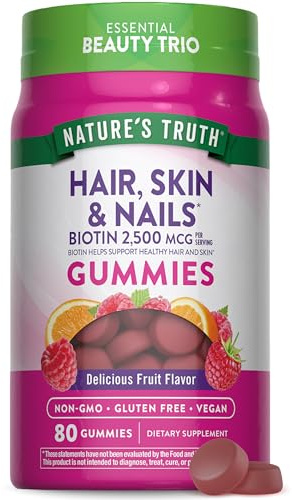 Nature's Truth Hair Skin and Nails Gummies | 80 Count | 2500mcg of Biotin | Vegan, Non-GMO, Gluten Free Supplement | Vitamin for Women & Men