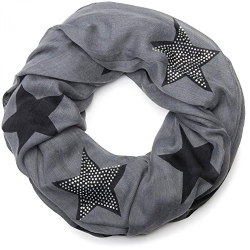 styleBREAKER Loop Schal mit Sterne Muster und edler Strass Applikation, Schlauchschal, Tuch, Damen 01018086, Farbe:Grau-Schwarz (One Size)
