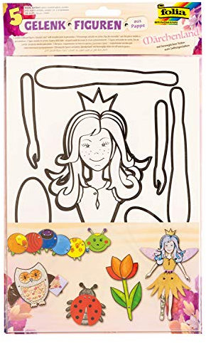 folia 23329 - Gelenkfiguren Märchenland, Pappfiguren mit vorgedruckten Konturen und Gelenkklammern, zum Bemalen und Gestalten, 5 Stück, Fee, Eule, Blume, Marienkäfer und Raupe