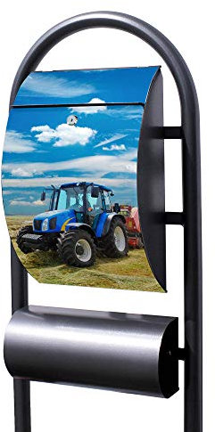 Banjado® Stand Briefkasten in Hammerschlag-Optik in Größe 150x47x22cm mit Motiv Traktor - Briefkasten mit Standfuß/Postkasten freistehend als Standbriefkasten mit Zeitungsfach