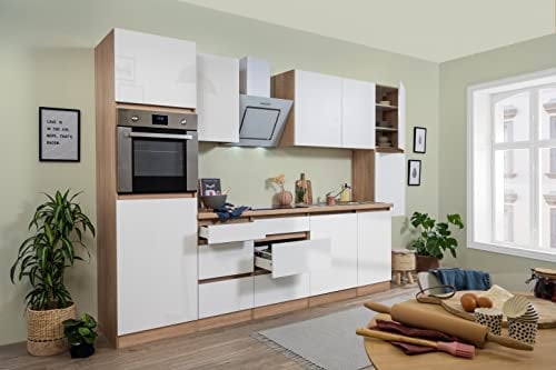 respekta Küche Küchenzeile Küchenblock grifflos Eiche Weiß Lorena 330 cm
