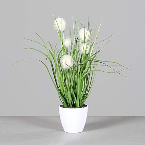 mucplants künstliches Kugelgras 38cm im weißen Dekotopf Kunstpflanze Kunstgras Dekopflanze Ziergras