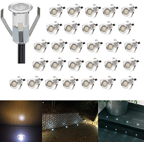 CHNXU 30er Set Mini Treppen Einbaustrahler Ø18mm Terrasse Bodeneinbaustrahler LED Bodenstrahler 0.4W IP67 Wasserdicht Aussen und Innen Boden Lampe mit 12V Netzteil für Garten Küche Gehweg, Kaltes Weiß