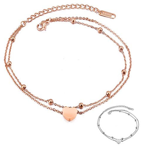 Kim Johanson Edelstahl Damen Fußkettchen *Heart* in Silber & Roségold mit einem starken Karabinerverschluss | Boho Schmuck | Verstellbar inkl. Schmuckbeutel (Roségold)