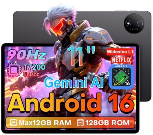TECLAST P50T Android 16 Tablet 11 Pollici Gemini AI, 90Hz Display, T7200 2GHz Octa Core Gaming Tablets, 2.4G+5G WiFi, 12GB RAM 128GB (5TB TF), 7000mAh, Widevine L1, 13MP, GPS/BT5/OTG, Tablet Con Penna