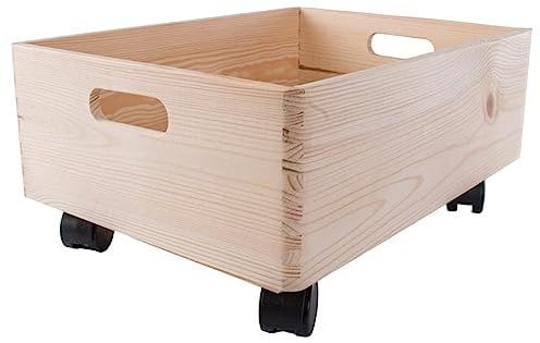 WooDeeDoo Large Wooden Underbed Storage Box on Wheels 40 x 30 x 19 cm – Plain Pine 12L Chest with Handles – DIY Open Crate for Toys Clothes Crafts Linen Bedroom Bathroom Kitchen Garage