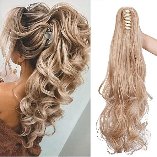 SEGO 50cm Haarteil Zopf Pferdeschwanz Ponytail Haarverlängerung Clip in Extensions Voluminös Claw on Synthetik Haare Gewellt Golden Mix Bleichblond