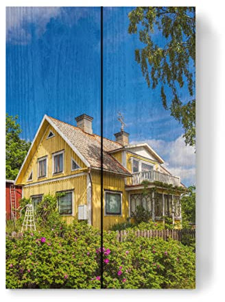 artboxONE Holzbild 30x20 cm Natur Garten, Haus, Baum von Künstler Rico Ködder