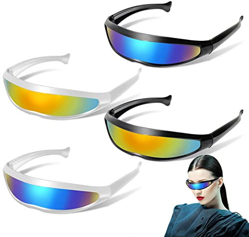 SelfTek Futuristische Sonnenbrille, 4 Stück Farbiger+Blau Futuristische Brille, Fun Glasses Rollenspiel Halloween Brillen Set, Space Brille Alien Brillen Set