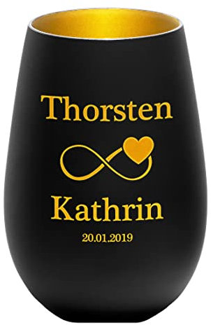 Teelichthalter personalisiert aus Glas in schwarz-Gold mit Wunschgravur - Motiv Unendlichkeitszeichen - kreative Deko - Hochzeitsgeschenk - robust, widerstandsfähig - Hochzeit, Jahrestag