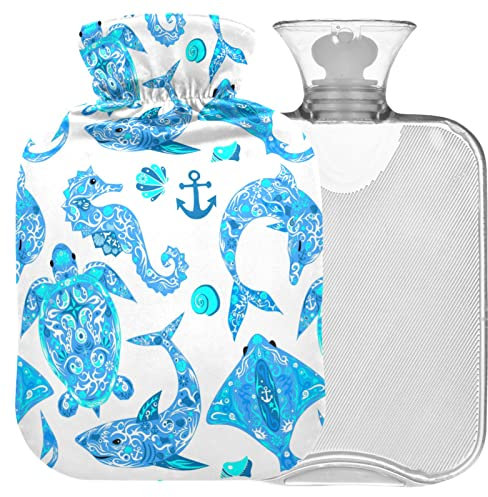 Naanle Meerestiere Schildkröte Wärmflasche mit Bezug Transparente Tasche Warmwasserflasche 2L Große Wärmflasche für Bett Handfüße Wärmer Schmerzlinderung Wärme- und Kältetherapie