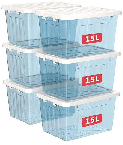 Cetomo 15L*6 Storage Boxes with Lids, Plastic Storage Bins with Latching Buckles, Click Closure, Stackable, Nesting, Organizer for Home Office Clothes, Clear Blue, 15L-6 Pack