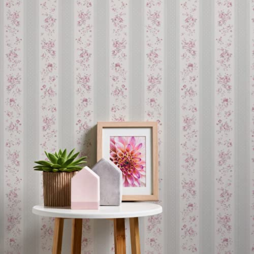 Tapete Floral Grau Weiß Rosa - A.S. Création Maison Charme 390692 - Vliestapete Pünktchen - 10,05 m x 0,53 m Made in Germany