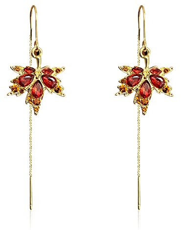 Handmade Unique Autumn Fall Sparkly Crystal Maple Leaf Dangle Drop Line Earrings Elegant Hypoallergenic Rhinestone Leaf Stud Earring for Women Girls Thanksgiving Jewelry Gifts, Metal, Rhinestone