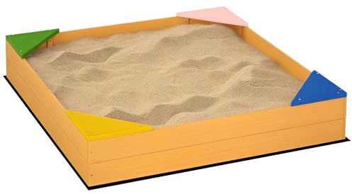 Outsunny Kids Wooden Sand Pit Sandbox 109 x 109 x 20cm Natural Wood Effect