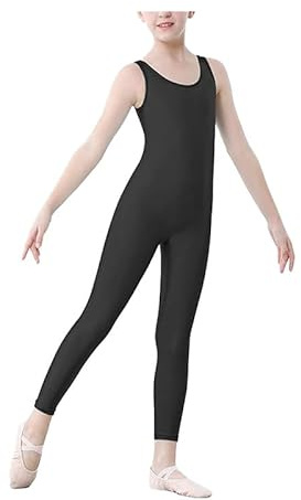 Prime fashions Traje de baño sin pies para niñas, brillante, sin mangas, ideal para danza, gimnasia, niños, Negro, 9-10 Años