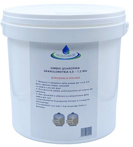 acquaverde | Sabbia Quarzifera Filtrante - Pratico Secchio da 10 kg, Quarzite Granulometria 0,4-0,8 mm, Quarzo Bianco Compatibile con Pompa Filtro di Piscine Intex e Bestway