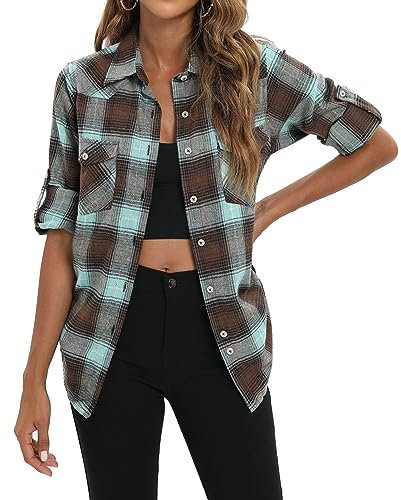 siliteelon Damen Kariertes Grün Hemd Langarm Oktoberfest Bluse Karo Tunika Baumwolle Tops Casual Oberteile,XL