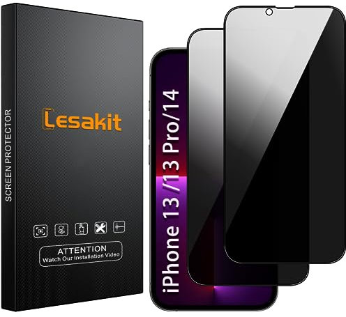 Lesakit 2 Pièces Verre Trempé Anti Espion pour iPhone 14/13/ 13 Pro 6.1 Pouce, [Dureté 9H][Anti-empreintes][Confidentialité Protection] Film de Protection Écran