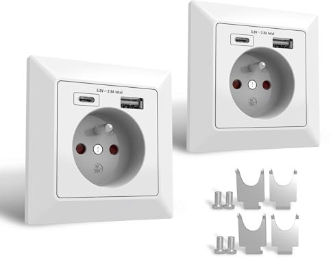 UCOMEN Prise Murale,Prise Multiple USB Type A et Type C max2.8A,Prise Electrique 250V Charge de Tous Les Appareils Mobiles,pour Bureau,Domicile,Ect.Blanc (2 packs)