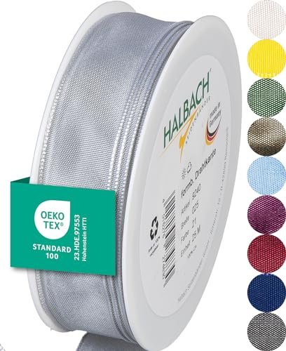 Halbach Seidenbänder Premium Geschenkband mit Drahtkante | Breite 25mm Länge 25m | Öko-Tex 100 zertifiziertes Schleifenband | Taftband Made in Germany, Farbe: hellgrau