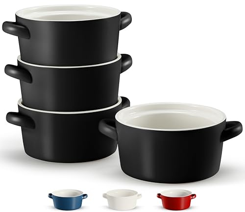 Soup Bowls with Handles, Ceramic Oven Safe Bowls, Kook Individual Soup Crocks, Stackable Dish, Broil, Oven, Microwave and Dishwasher Safe, for Casserole, Pasta, Cereal, 23.6 Oz, Set of 4 (Black)
