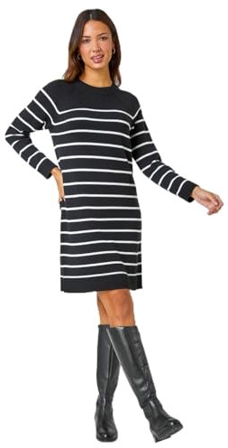Roman Originals Knitted Jumper Dress for Women UK - Ladies Colour Block Winter Autumn Smart Casual Office Bodycon Workwear Everyday Long Sleeve Knee Length Knit Pocket - Noir - Size 16