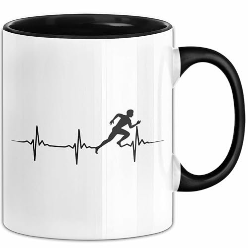 Marathon-Läufer Tasse Geschenk Jogger Herzschlag Running Joggen Kaffee-Becher (Schwarz)