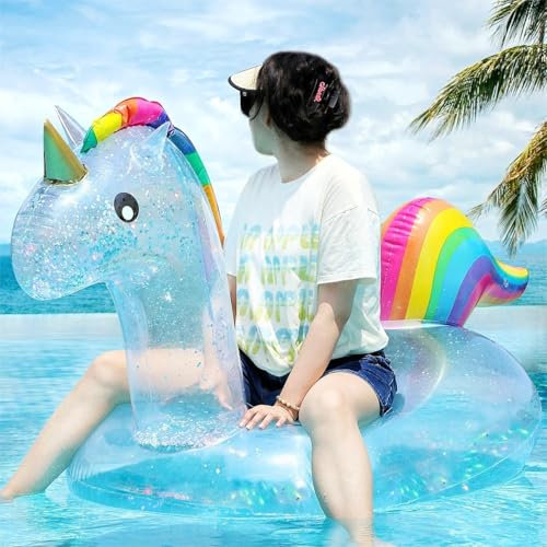 Riesige Pool Luftmatratze mit Griff 180cm Transparent Einhorn Aufblasbare Schwimmtiere mit Goldglänzendem Glitter Einhorn Pool Spielzeug Kinder Erwachsene