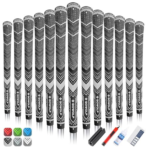 Gowolf Golf Grips Cord Rubber Multi-compound Golf Driver Irons Club Choose 13 Grips with 15pcs Tapes or 13 Grips with Full Kits (Black+white (13 grips with kit), Midsize)