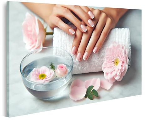islandburner Tableau sur toile Mains élégantes avec manucure française et fleurs roses Spa Nail Studio Images murales Poster