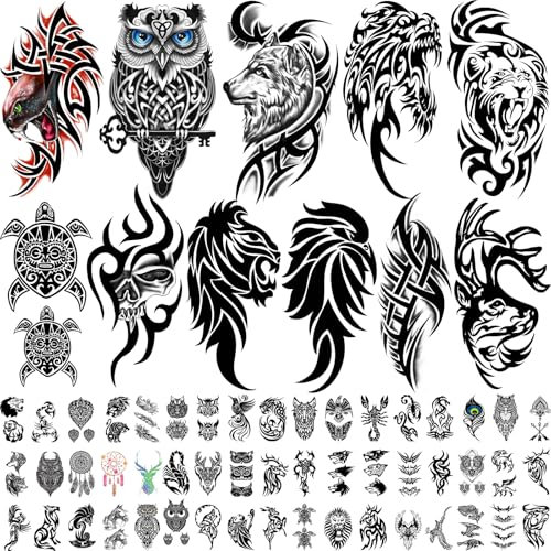 77 Blätter Schwarz Tribal Temporäre Tattoos für Damen Herren, Halber Arm Schlange Adler Wolf die Blumen Stammes Löwe Eule Fake Tattoos Realistisch Gefälschte Aufkleber Long Lasting Kinder Erwachsene