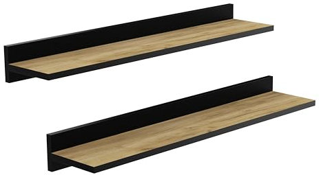 Wandregal, Schweberegal (2 Stück) , stabile Wandboards, 80 cm Hängeregale, mit unsichtbaren Halterungen, für Bad, Schlafzimmer, Küche, Büro, Wohnzimmer, Eiche mit schwarzer Wandleiste, Schwarz Finish