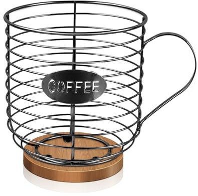 Coffee Pod Holder & Storage Basket - Large Capacity with Wooden Base for Kitchen Countertop - Coffee Bar Accessories - Black